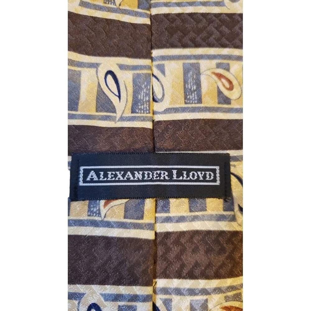 Alexander Lloyd Luxury 100% SILK‎ Men's Designer Striped Brown Cream Long Tie